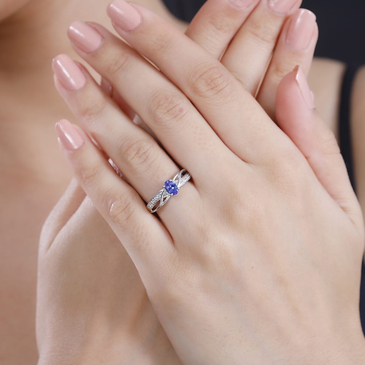 AAA Tanzanite and White Zircon 0.60 ctw Infinity Ring in Rhodium Over Sterling Silver (Size 8.0) image number 2