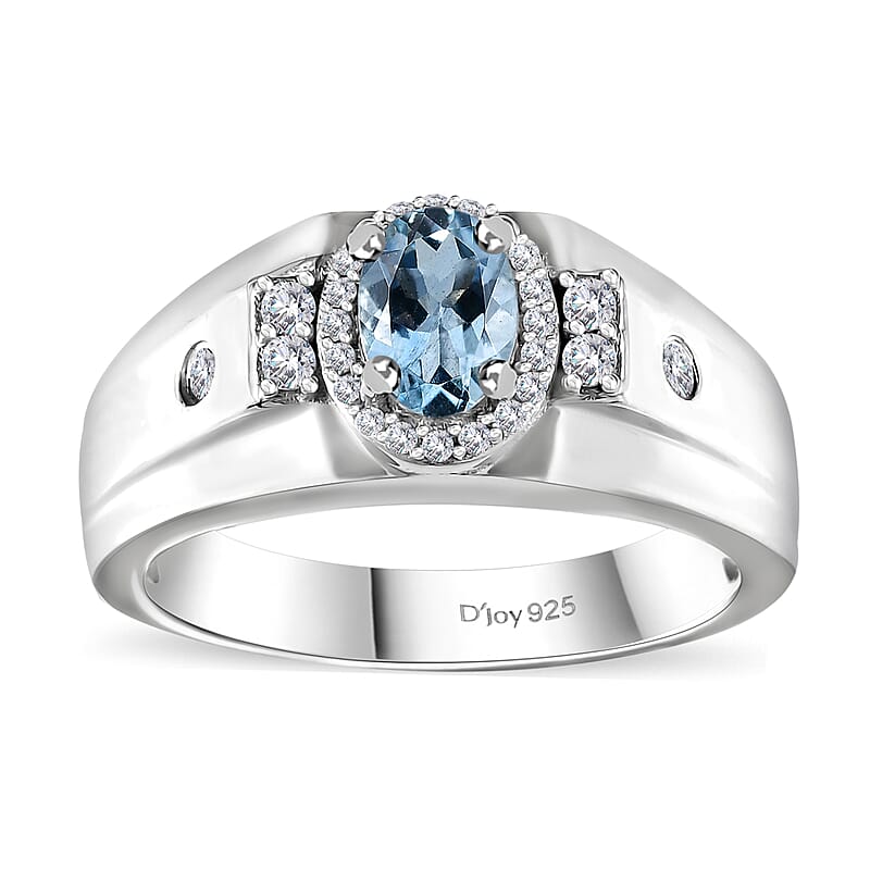 Santa Maria Aquamarine and White Zircon 1.00 ctw Art Deco Men's Ring in Rhodium Over Sterling Silver (Size 10.0)