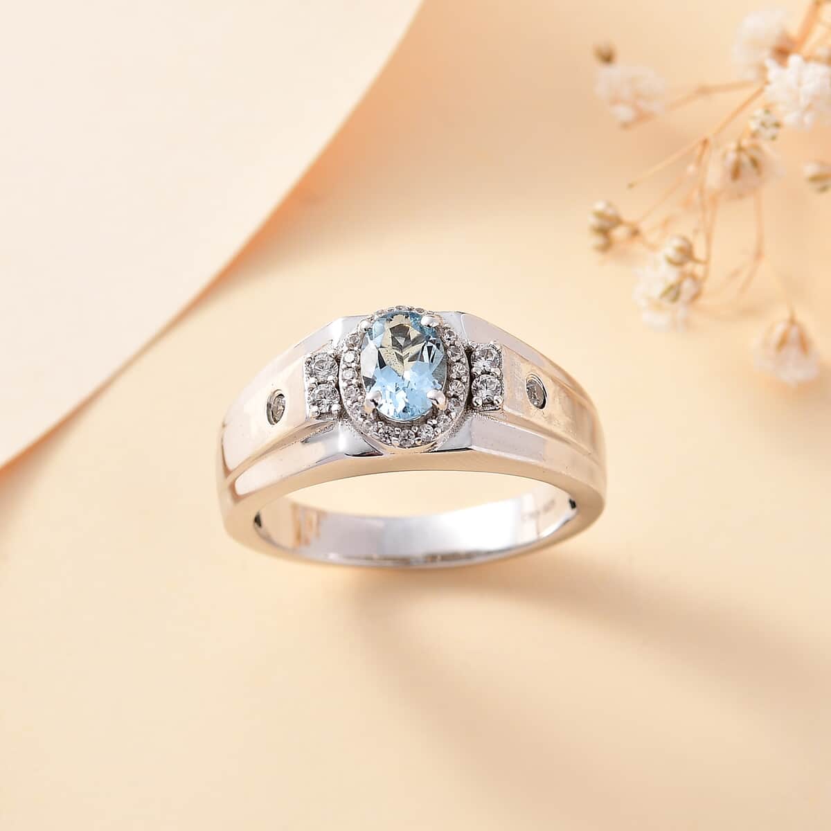 Santa Maria Aquamarine and White Zircon 1.00 ctw Art Deco Men's Ring in Rhodium Over Sterling Silver image number 1