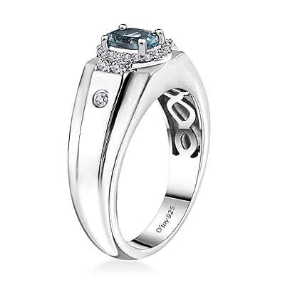 Santa Maria Aquamarine and White Zircon 1.00 ctw Art Deco Men's Ring in Rhodium Over Sterling Silver (Size 10.0)