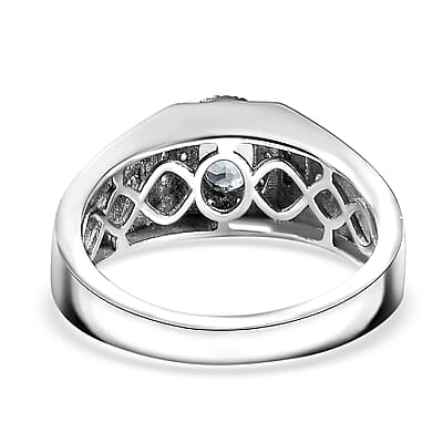 Santa Maria Aquamarine and White Zircon 1.00 ctw Art Deco Men's Ring in Rhodium Over Sterling Silver (Size 10.0)