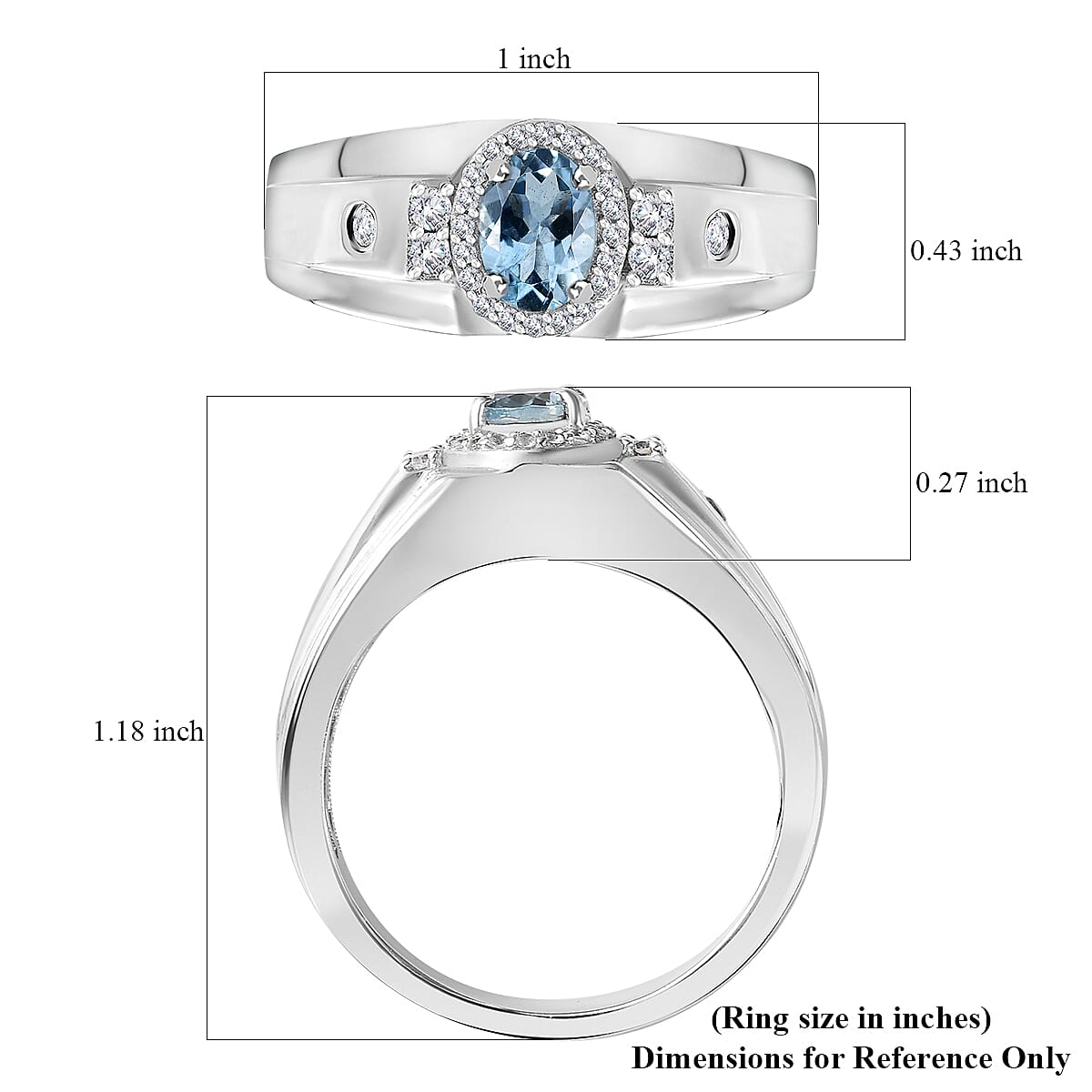 Santa Maria Aquamarine and White Zircon 1.00 ctw Art Deco Men's Ring in Rhodium Over Sterling Silver (Size 10.0)
