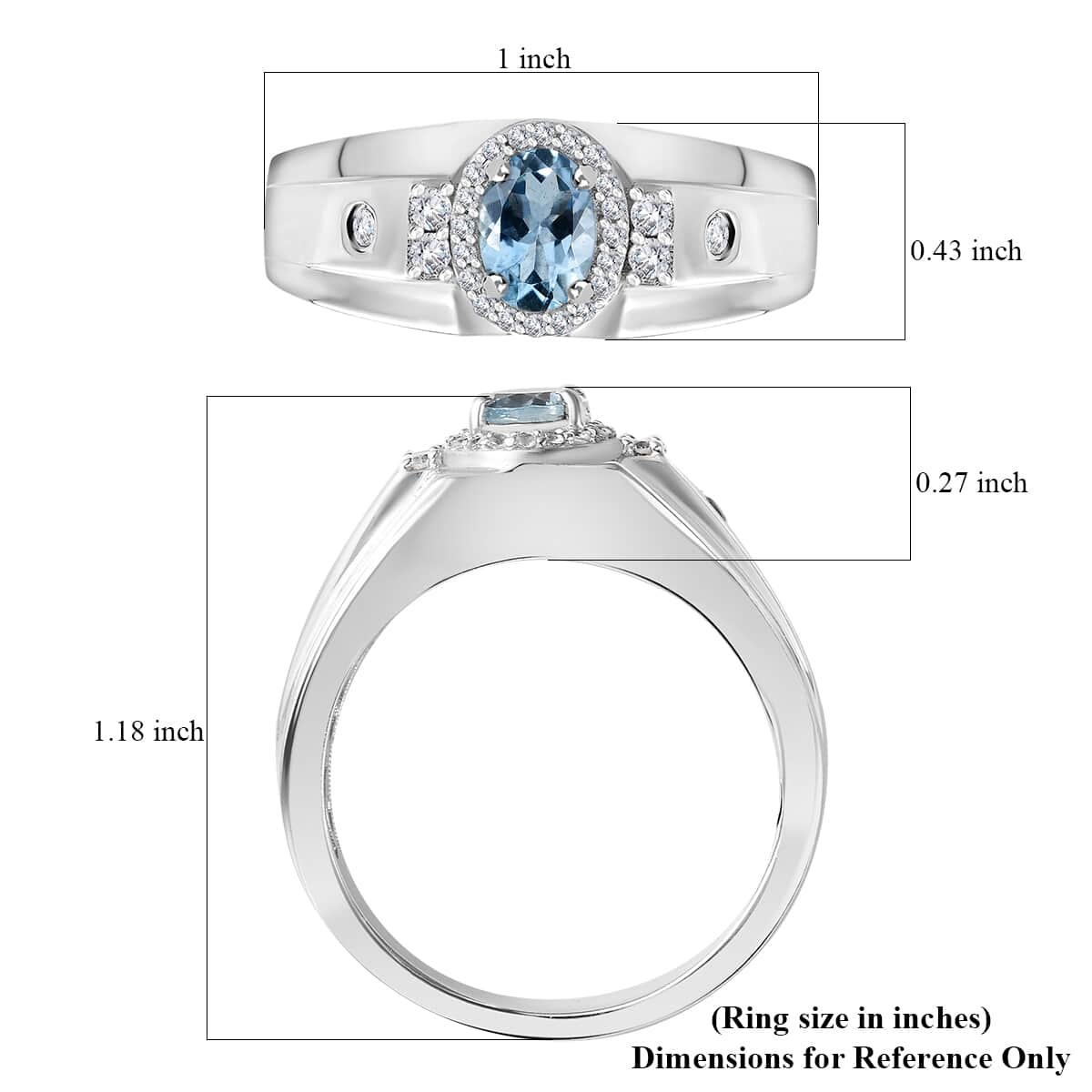 Santa Maria Aquamarine and White Zircon 1.00 ctw Art Deco Men's Ring in Rhodium Over Sterling Silver image number 5