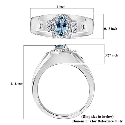 Santa Maria Aquamarine and White Zircon 1.00 ctw Art Deco Men's Ring in Rhodium Over Sterling Silver (Size 10.0)