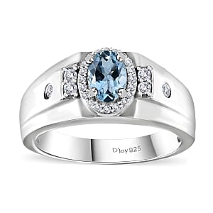 Santa Maria Aquamarine and White Zircon 1.00 ctw Art Deco Men's Ring in Rhodium Over Sterling Silver (Size 13.0)