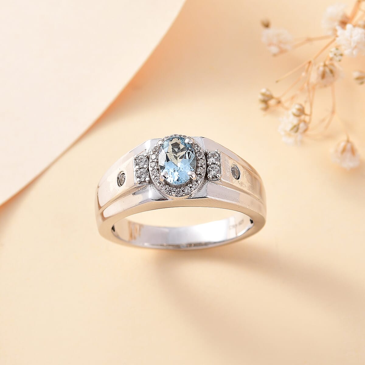 Santa Maria Aquamarine and White Zircon 1.00 ctw Art Deco Men's Ring in Rhodium Over Sterling Silver (Size 14.0) image number 1