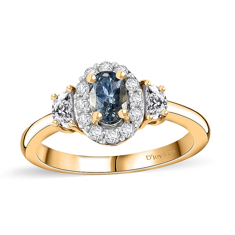 Santa Maria Aquamarine and White Zircon 1.10 ctw Half Moon Ring in 18K Vermeil Yellow Gold Over Sterling Silver (Size 10.0)