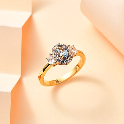 Santa Maria Aquamarine and White Zircon 1.10 ctw Half Moon Ring in 18K Vermeil Yellow Gold Over Sterling Silver (Size 10.0)