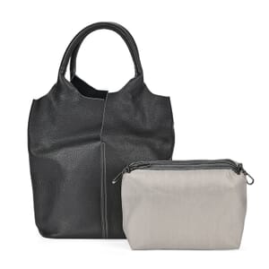 Black Genuine Leather Tote Bag with Small Bag Inside