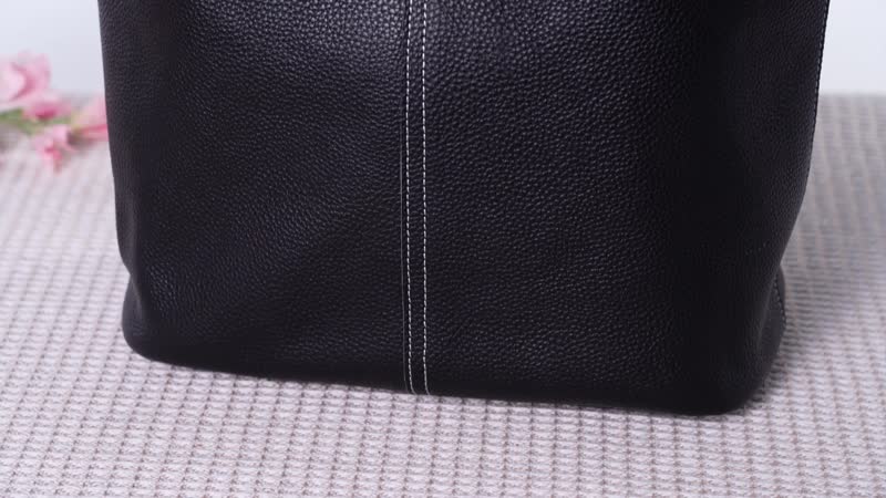 Black Genuine Leather Tote Bag with Small Bag Inside (11.4"x5.9"x12.6")