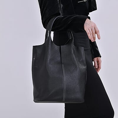 Black Genuine Leather Tote Bag with Small Bag Inside