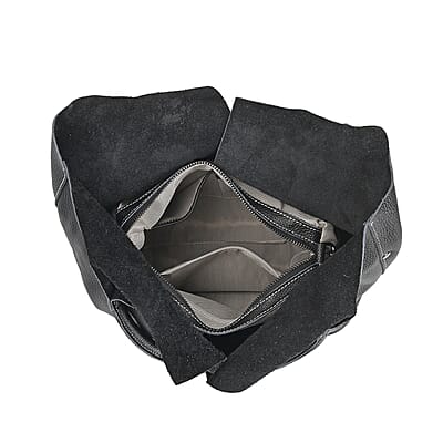 Black Genuine Leather Tote Bag with Small Bag Inside