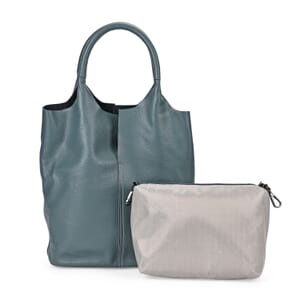 Blue Genuine Leather Tote Bag with Small Bag Inside