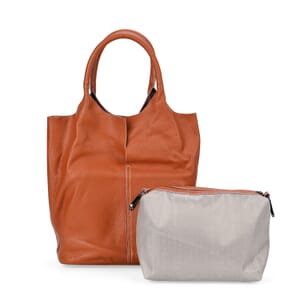 Tan Genuine Leather Tote Bag with Small Bag Inside