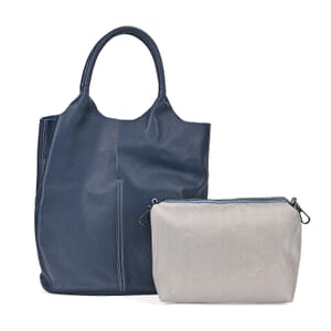 Navy Genuine Leather Tote Bag with Small Bag Inside