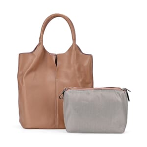 Khaki Genuine Leather Tote Bag with Small Bag Inside