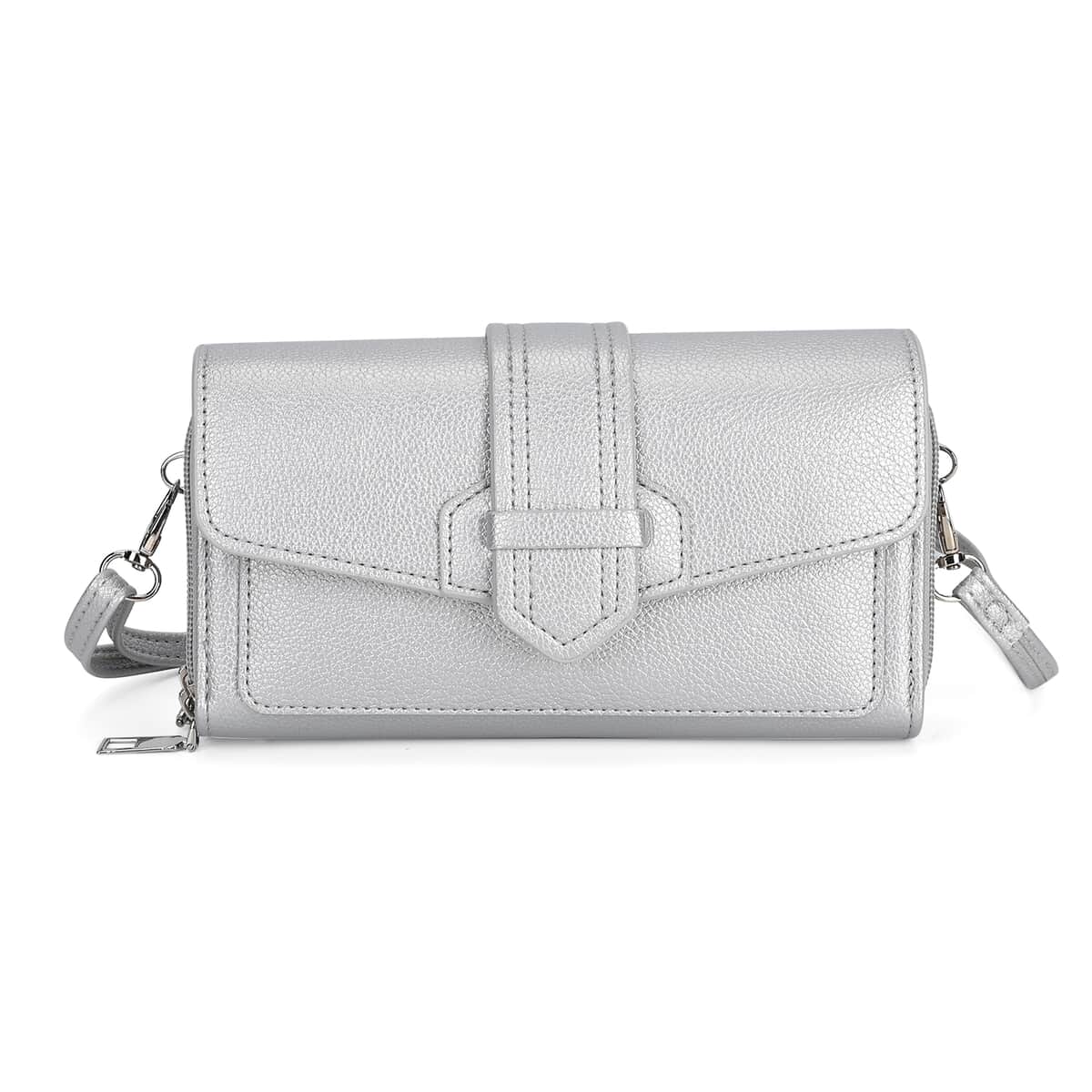 Metallic Silver Faux Leather Crossbody Bag with Shoulder Strap image number 0