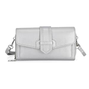 Metallic Silver Faux Leather Crossbody Bag with Shoulder Strap