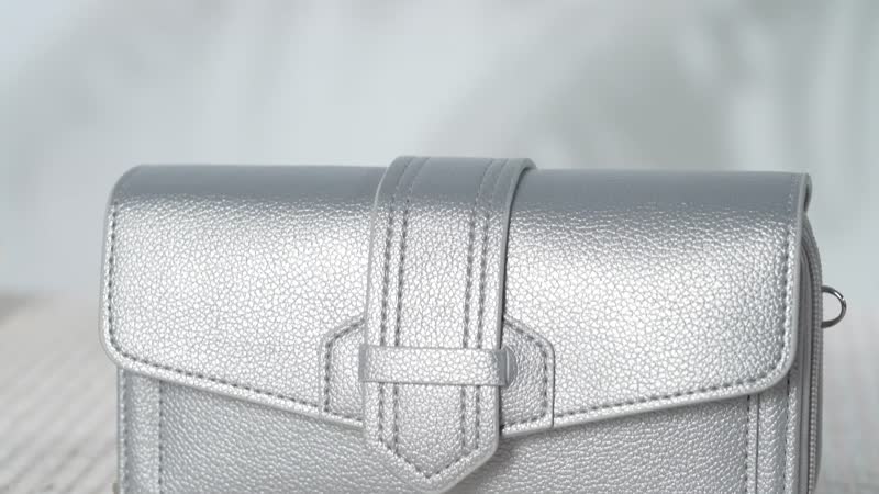 Metallic Silver Faux Leather Crossbody Bag (7.7"x1.6"x4.3") with Shoulder Strap (51")