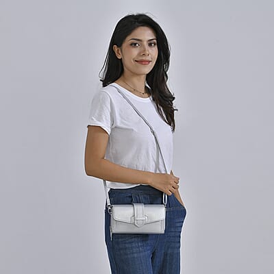 Metallic Silver Faux Leather Crossbody Bag with Shoulder Strap