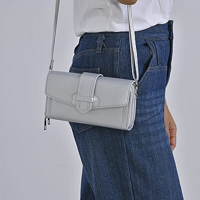 Metallic Silver Faux Leather Crossbody Bag with Shoulder Strap