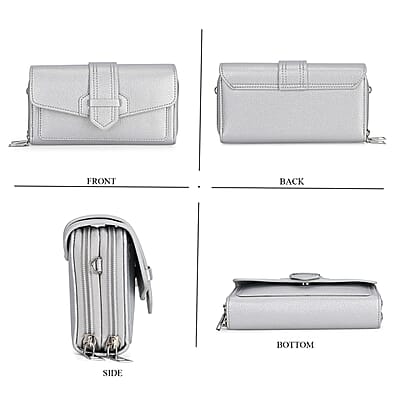 Metallic Silver Faux Leather Crossbody Bag with Shoulder Strap