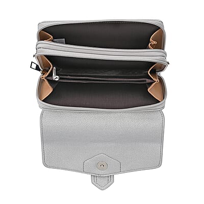 Metallic Silver Faux Leather Crossbody Bag with Shoulder Strap