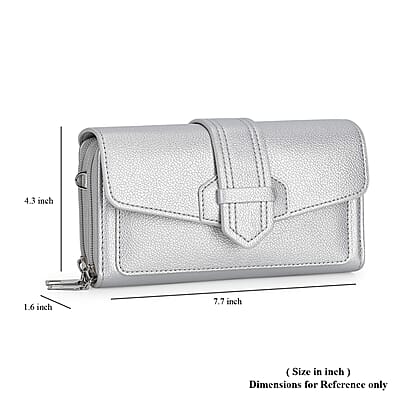 Metallic Silver Faux Leather Crossbody Bag with Shoulder Strap