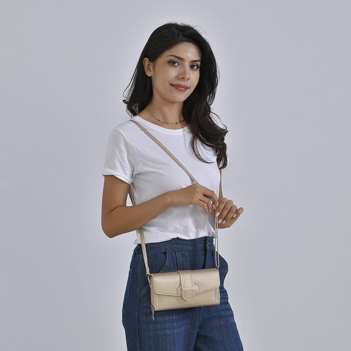 Metallic Gold Faux Leather Crossbody Bag with Shoulder Strap image number 1