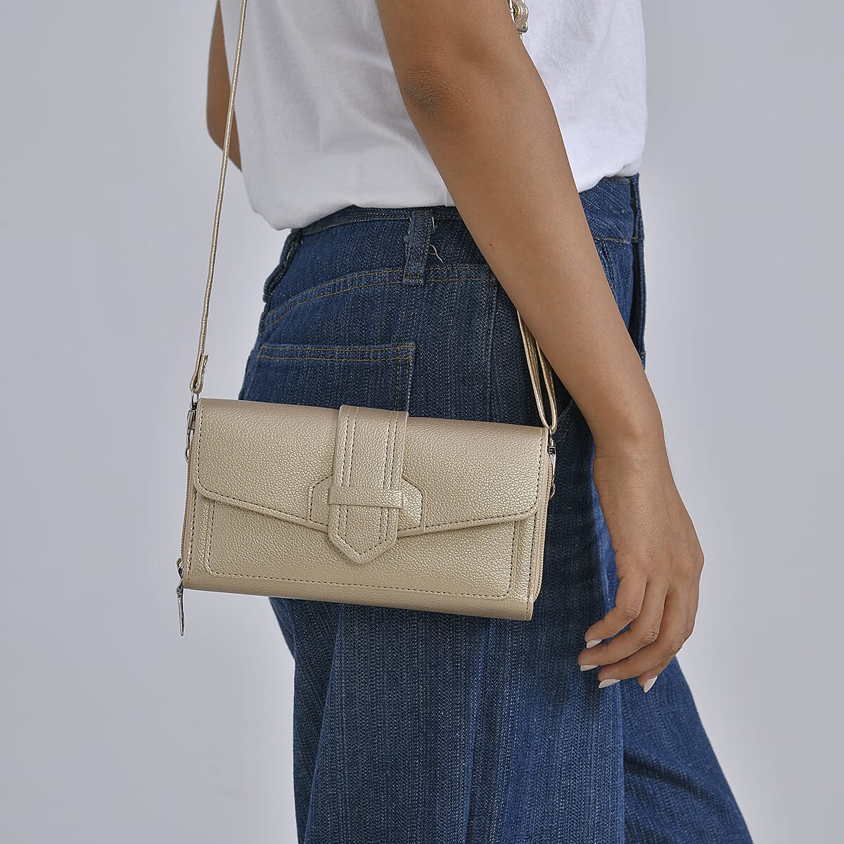 Metallic Gold Faux Leather Crossbody Bag with Shoulder Strap image number 2