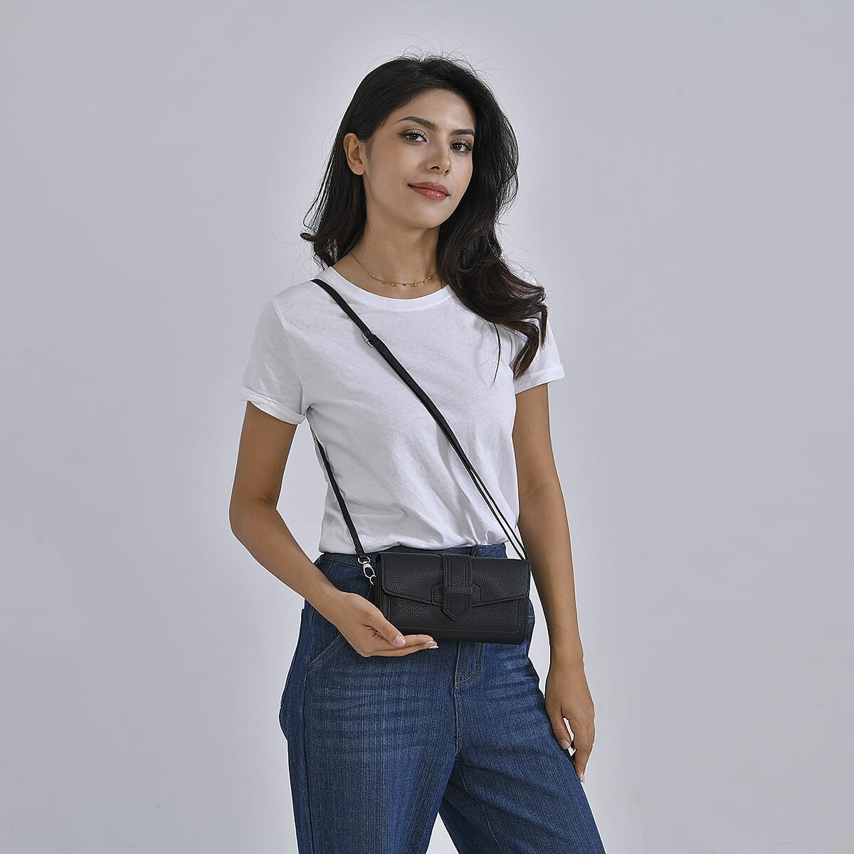 Black Faux Leather Crossbody Bag with Shoulder Strap image number 1