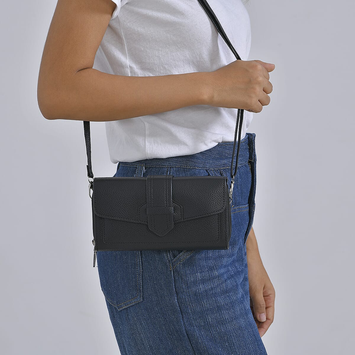 Black Faux Leather Crossbody Bag with Shoulder Strap image number 2