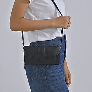 Black Faux Leather Crossbody Bag with Shoulder Strap