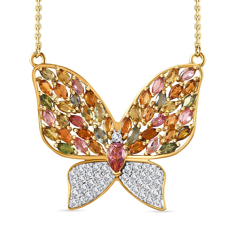 GP Trionfo Collection Multi-Tourmaline and White Zircon 4.70 ctw Butterfly Necklace in 18K Vermeil Yellow Gold Over Sterling Silver 18-20 Inches