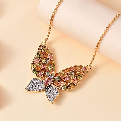 GP Trionfo Collection Multi-Tourmaline and White Zircon 4.70 ctw Butterfly Necklace in 18K Vermeil Yellow Gold Over Sterling Silver 18-20 Inches
