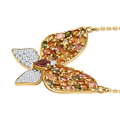 GP Trionfo Collection Multi-Tourmaline and White Zircon 4.70 ctw Butterfly Necklace in 18K Vermeil Yellow Gold Over Sterling Silver 18-20 Inches