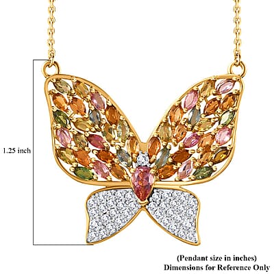GP Trionfo Collection Multi-Tourmaline and White Zircon 4.70 ctw Butterfly Necklace in 18K Vermeil Yellow Gold Over Sterling Silver 18-20 Inches