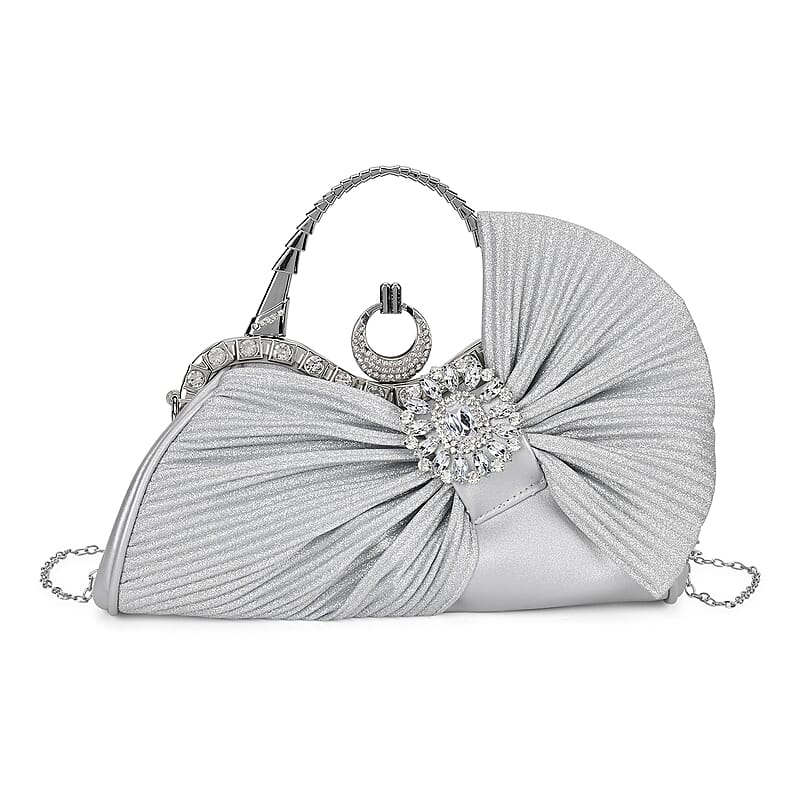 Miggie D Silver Fashionable Crystal Clutch Bag with Bow