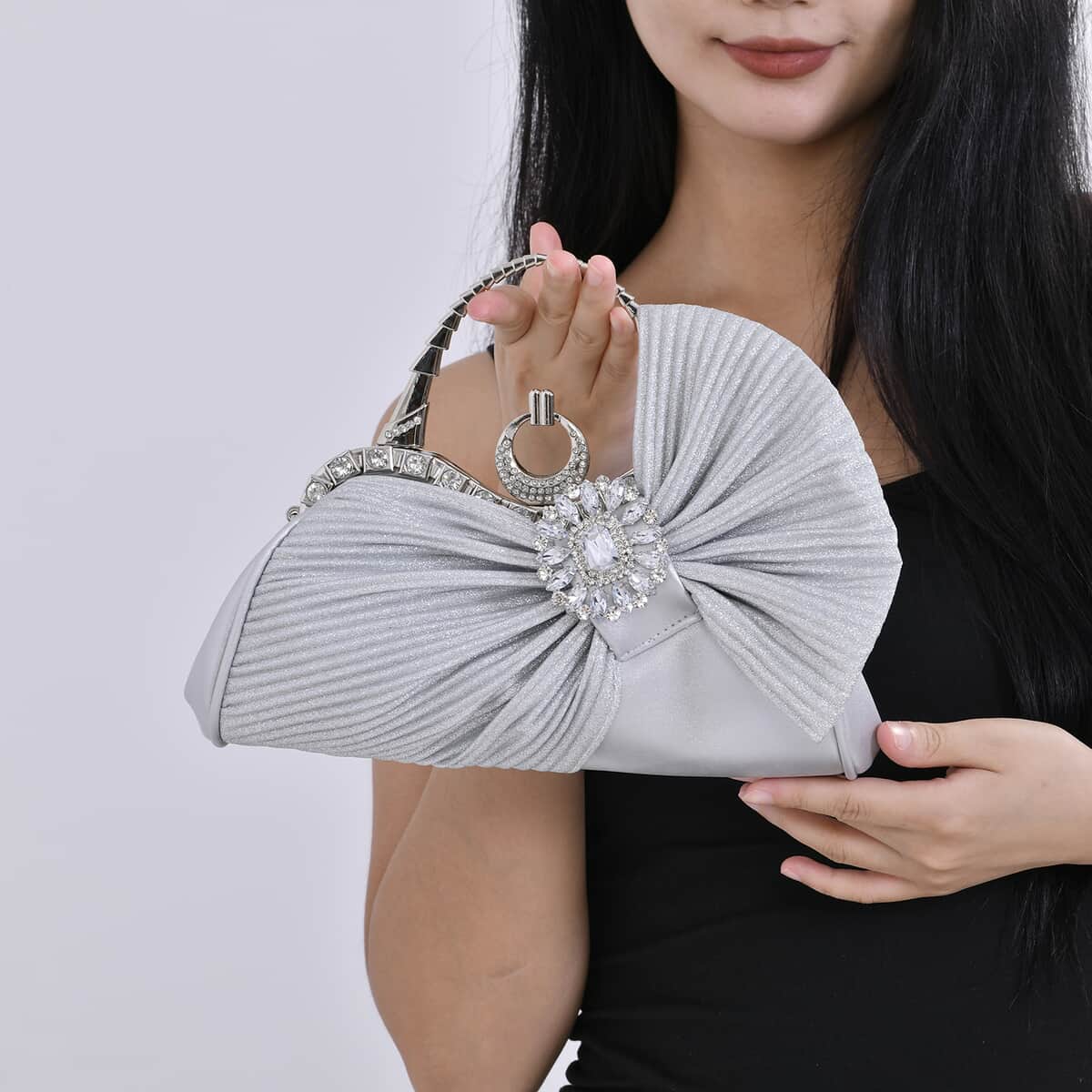 Miggi G Silver Fashionable Crystal Clutch Bag with Bow image number 2