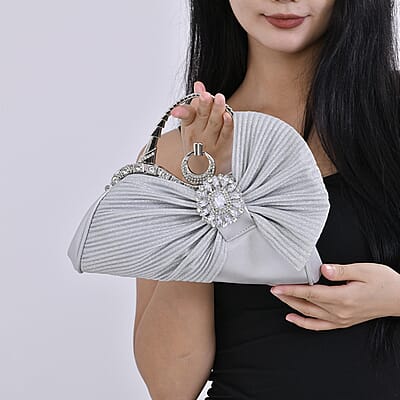 Miggie D Silver Fashionable Crystal Clutch Bag with Bow