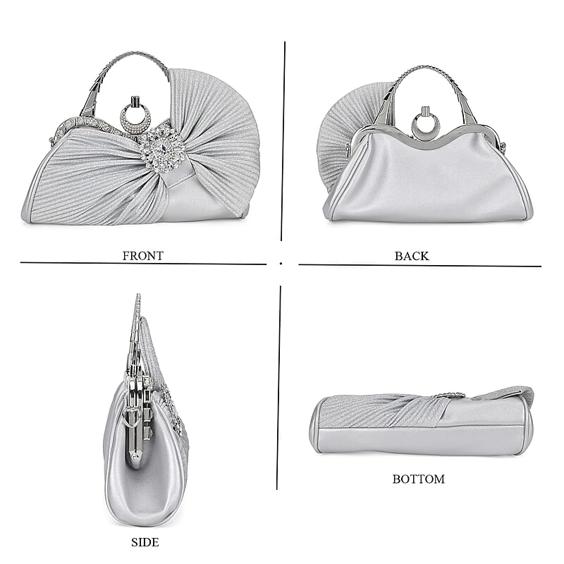 Miggie D Silver Fashionable Crystal Clutch Bag with Bow