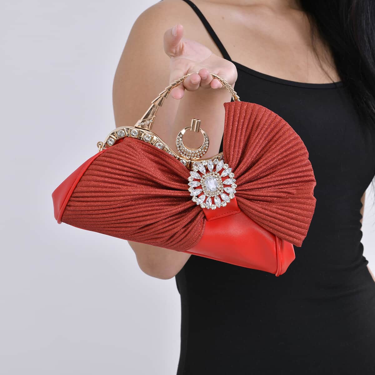 Red Fashionable Crystal Clutch Bag with Bow image number 2