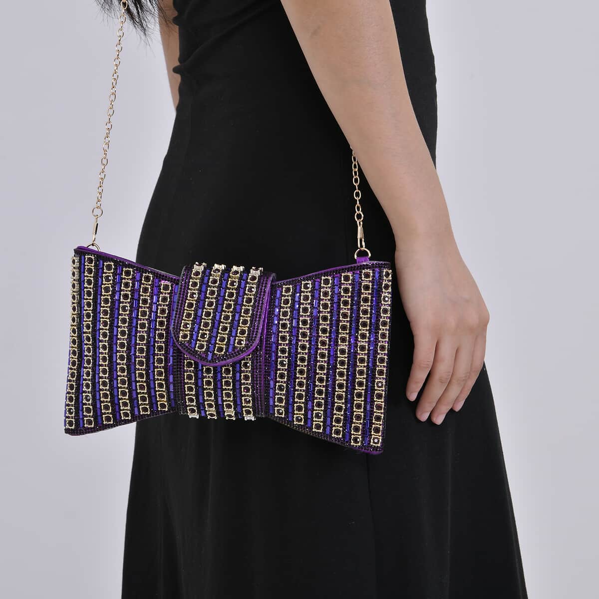 Purple Fashionable Bow-shaped Crystal Clutch Bag with Shoulder Chain Strap image number 0