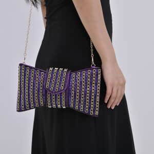 Purple Fashionable Bow-shaped Crystal Clutch Bag with Shoulder Chain Strap