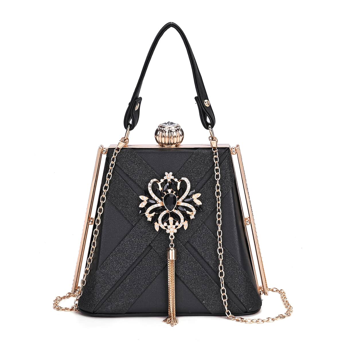 Black Fashionable Designer Crystal Tassels Clutch Bag with Shoulder Chain Strap image number 0