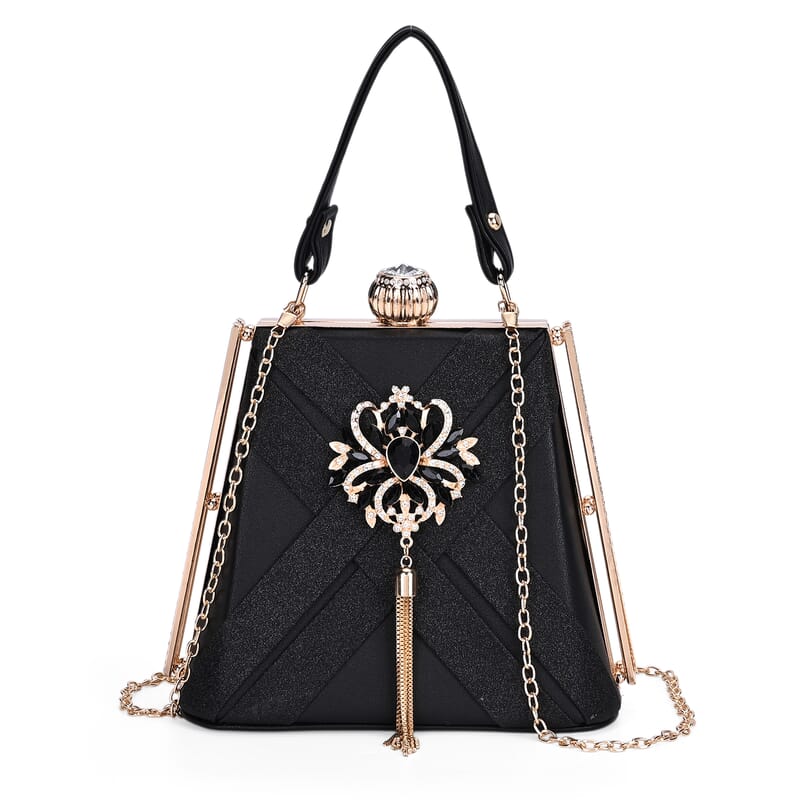 Black Fashionable Designer Crystal Tassels Clutch Bag with Shoulder Chain Strap