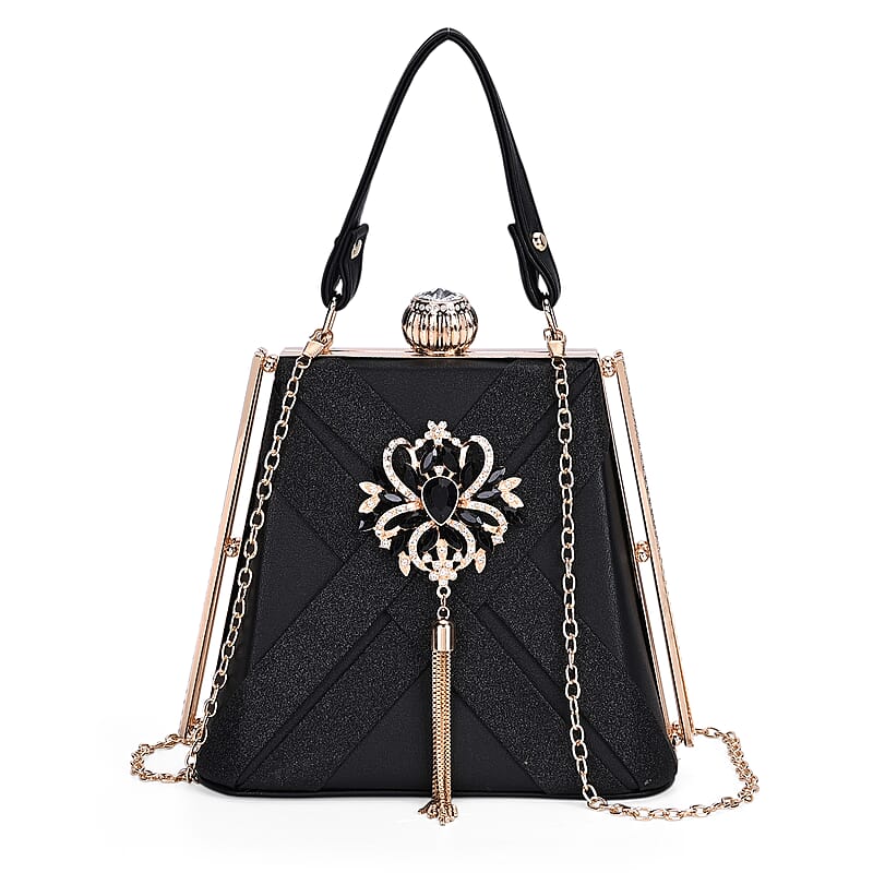 Black Fashionable Designer Crystal Tassels Clutch Bag with Shoulder Chain Strap
