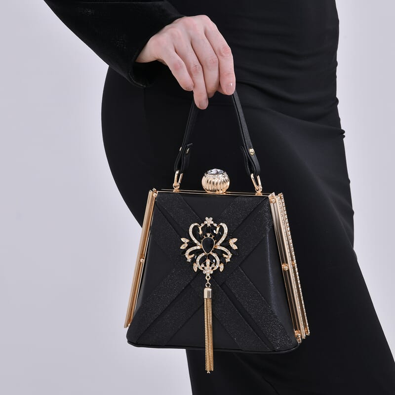 Black Fashionable Designer Crystal Tassels Clutch Bag with Shoulder Chain Strap