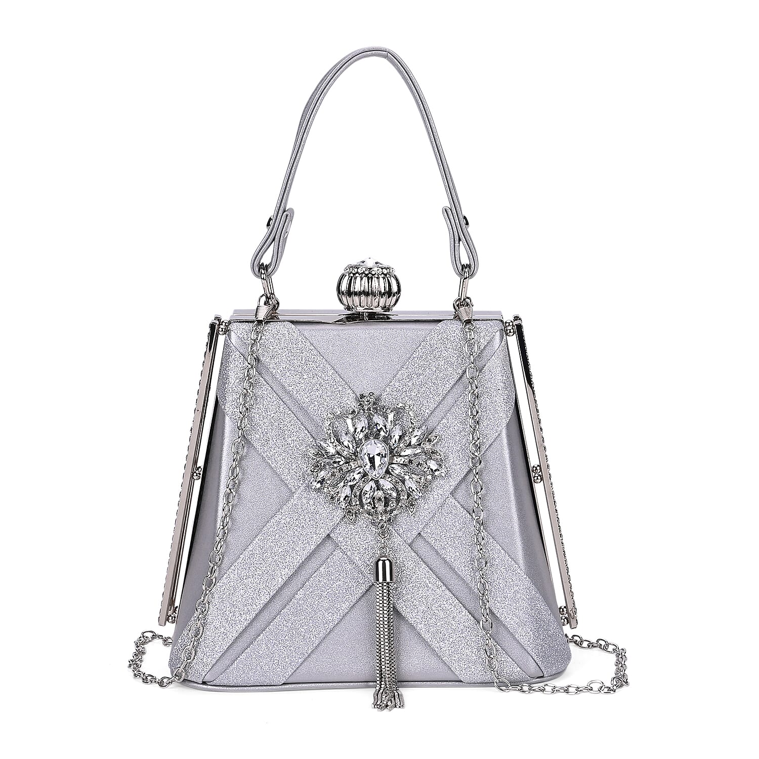 Silver Fashionable Designer Crystal Tassels Clutch Bag with Shoulder Chain Strap