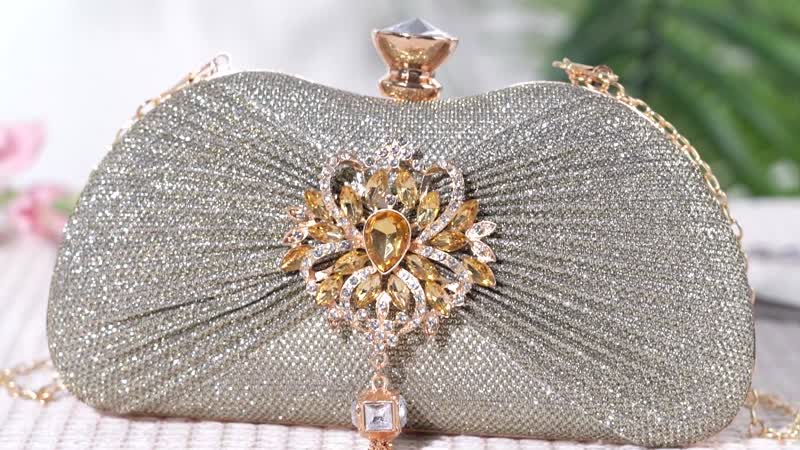 Gold Crystal Tassel Clutch Bag (9"x1.6"x4.7") with Shoulder Chain